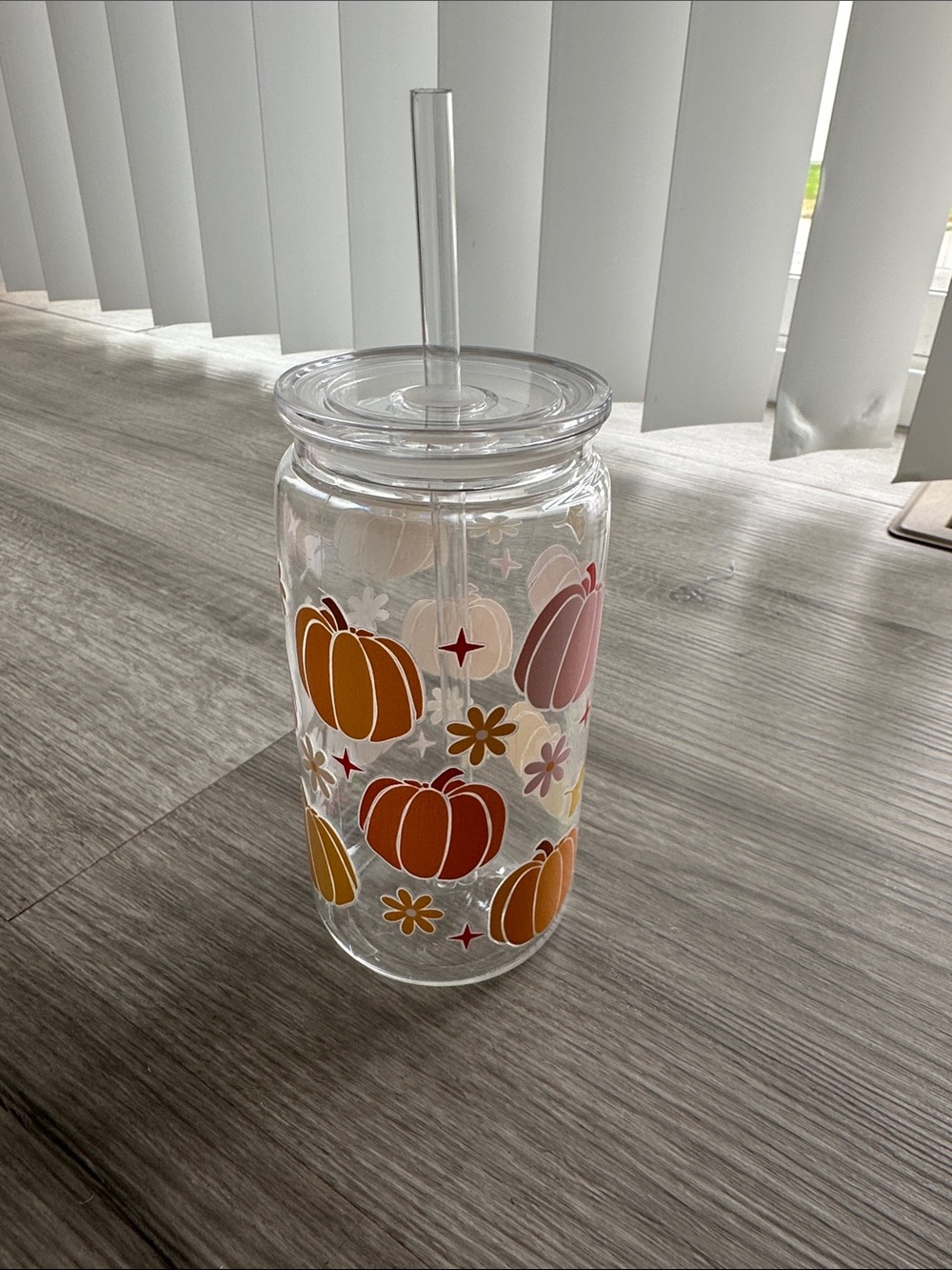 Clear Pumpkin plastic cup with Straw - Orange & Pink Fall Design